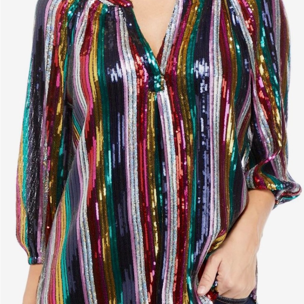 Crown & Ivy Women's 3/4 Blouson Sleeve Sequin Peasant Top Multicolor Stripe NWT